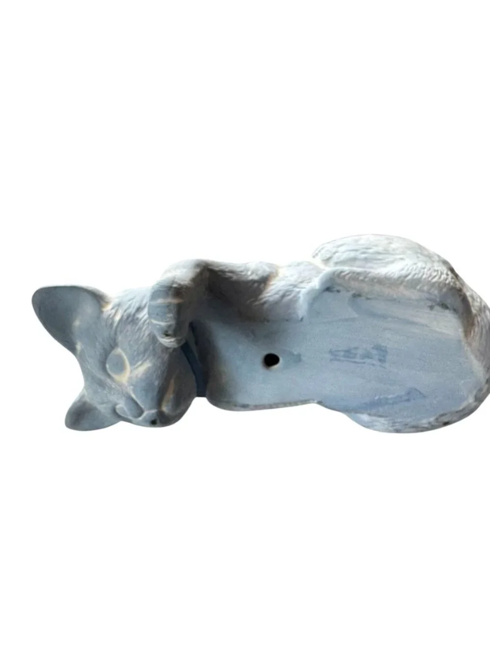 Sleeping Cat Vintage Figurine With Blue Ribbon Bow - Decorative Resin Statue